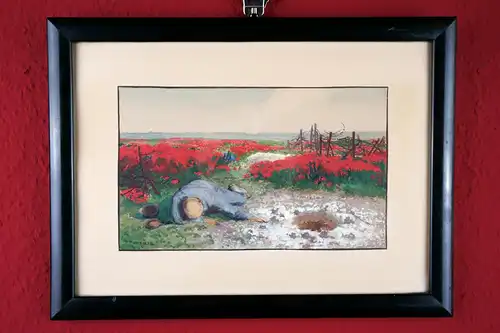 Johannes Hänsch (1875-1945), Rot blühende Kriegslandschaft mit totem Soldaten, 1918