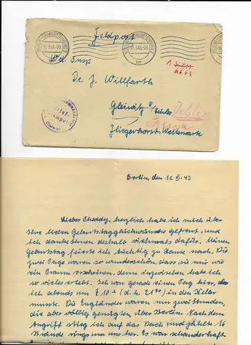 Feldpost, Brief Berlin, 11.3.43 nach Gleiwitz, weitergeleitet nach Deblin