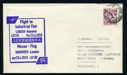 Großbritannien LH Messeerstflug London-Hannover 25.4.1959 Einzelfrankatur #IN247