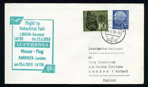 Bund LH Messeerstflug Hannover - London 25.4.1959 Mischfrankatur #IN249