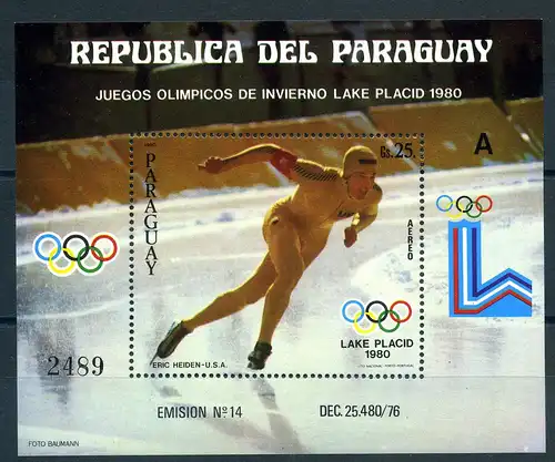 Olympiade Lake Placid 1980 Paraguay Block 352 postfrisch #JG539