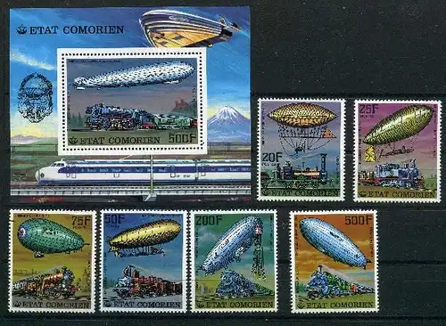 Komoren 339-345 + Block 83 postfrisch Zeppelin #GO559