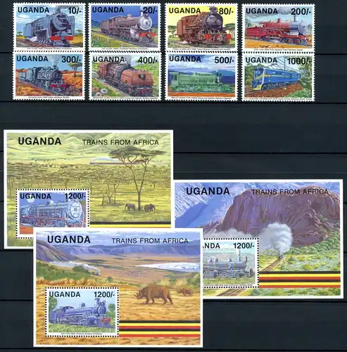Uganda 890-897 + Block 133-135 postfrisch Eisenbahn #IU725
