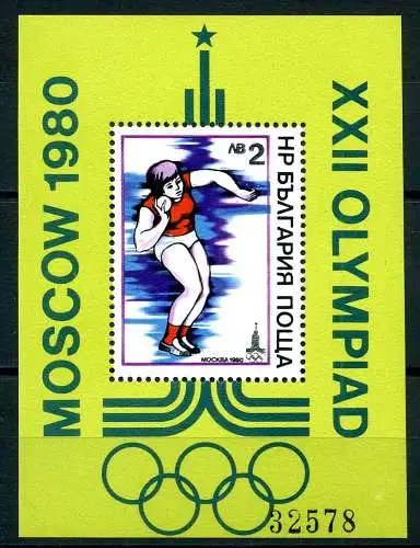 Bulgarien Block 96 postfrisch Olympiade Moskau #JG538