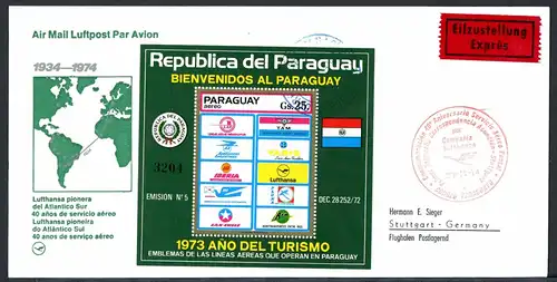 Paraguay Luftpostbrief Block 217 Lufthansa Einzelfrankatur #GI584