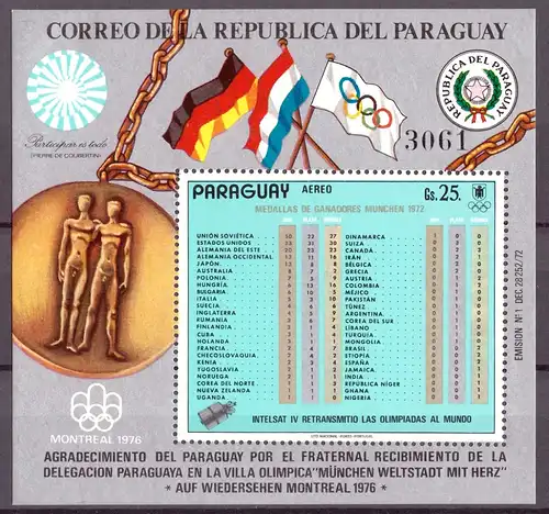Paraguay Block 199 postfrisch Olympiade 1972 #HL151