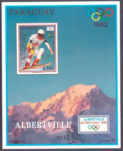 Paraguay Block 469 postfrisch Olympiade 1992 Albertville #HL159