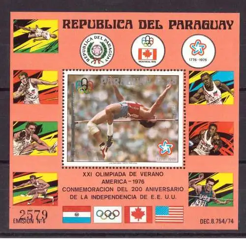 Paraguay Block 288 postfrisch Olympia 1976 Montréal #HL179