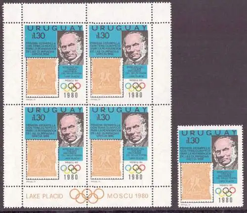 Uruguay 4er Bl + Einzelmarke 1538 postfrisch Olympiade 1980 #HL182