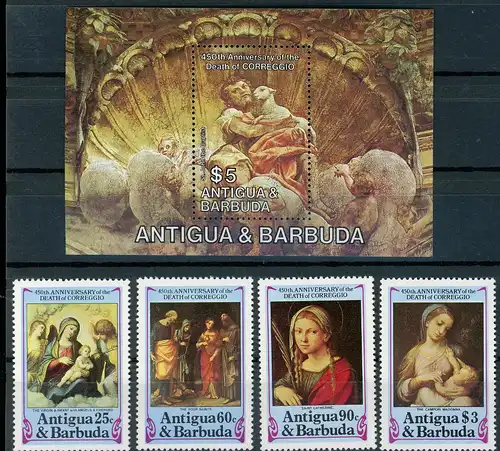 Antigua und Barbuda 804-807 + Bl 83 postfrisch Kunst Correggio #IY908