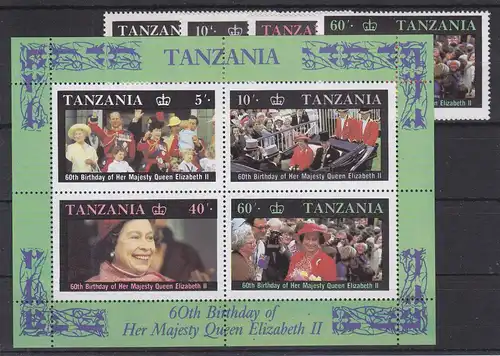 Tansania 391-394 und Block 64 postfrisch 60. Geb. Königin Elisabeth #GE251