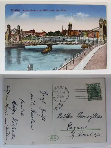 AK Breslau Niederschlesien Kaiser Brücke mit Blick auf den Dom #PC092