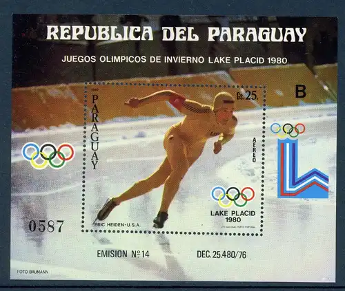 Paraguay Block 352 postfrisch Olympia 1980 Lake Placid #HL225