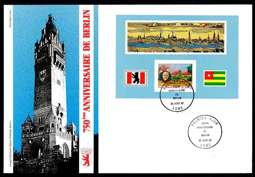 Togo 750 Jahre Berlin Block 297 Ersttagesbrief/FDC #IX415
