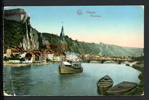 AK Dinant, Belgien Maas mit Lastkahn vor Kathedrale 1915 #IN729