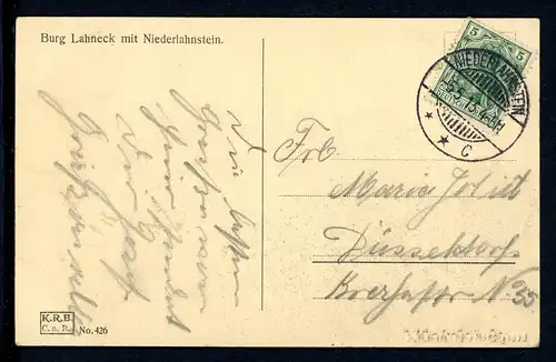AK Niederlahnstein Rhein-Lahn-Kreis Burg Lahneck 1913 #IU959