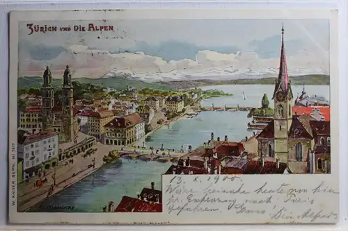 AK Zürich und die Alpen 1900 Künstlerkarte (K. Massdorf) #PC421