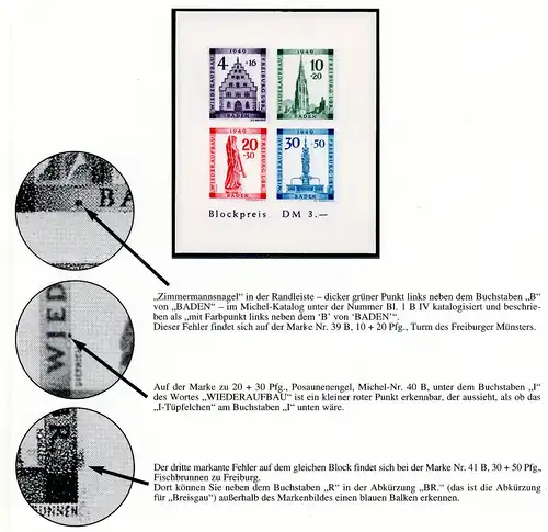 Fr. Zone Baden Block 1 B postfrisch mit 3 Plattenfehlern #GQ004