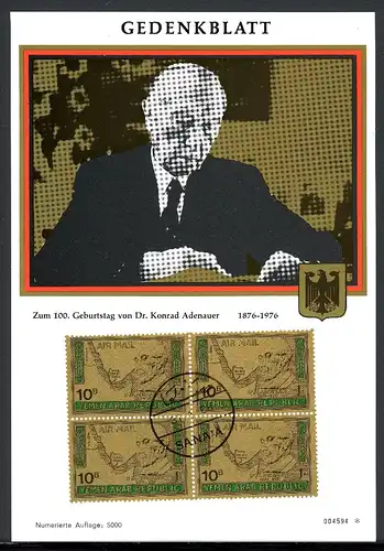 Nordjemen Gedenkblatt mit 4er Bl. 720 gestempelt Adenauer #IX481