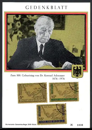 Nordjemen Gedenkblatt mit 719-21 gestempelt Adenauer #IX480