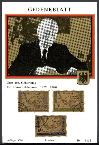 Nordjemen Gedenkblatt mit 734-36 gestempelt Adenauer #IX482