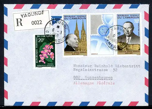 Kamerun 3er Streifen 528-529 u. A. Adenauer, R-Brief Mischfrankatur #O6383