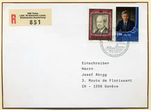 Liechtenstein 797 + 944 auf R-Brief portogerecht Mischfrankatur #GX110