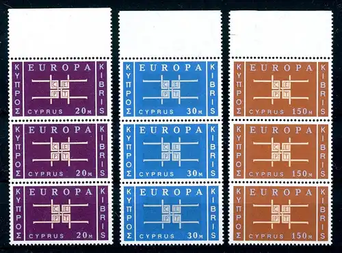 Zypern senkr. 3er Streifen Oberrand 225-227 postfrisch CEPT #GU544