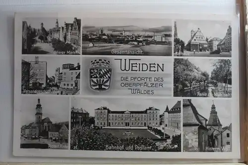 AK Weiden Opf. Mehrbildkarte (Bahnhof, Kirche, Markt usw.) 1955 #PF794