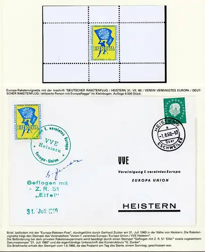 Raketenpost Heistern Juli 1960 Z.R. 51 + Vignette Autogramm G. Zucker #BW7181
