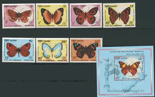 Kambodscha 1142-1148 + Bl 176 postfrisch Schmetterlinge #GL615