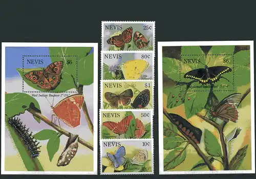 Nevis 752-756, Block 64-65 postfrisch Schmetterling #GL620
