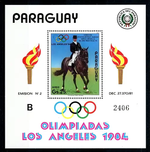 Paraguay Block 395 postfrisch Olympiade 1984 Los Angeles #HE083