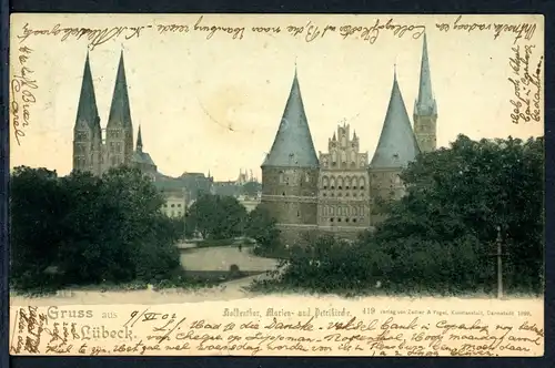 AK Lübeck Holstentor, Marien- und Petrikirche 1902 #HK029