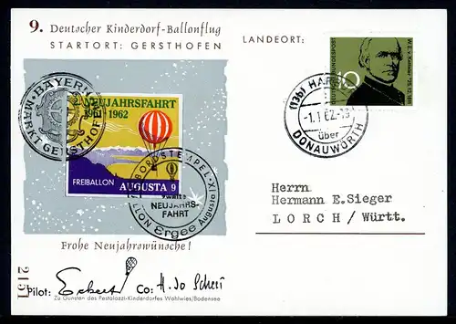 Bund Ballonpost 9. Kinderdorfballonflug Gersthofen - Harburg 1.1.62 #HK132