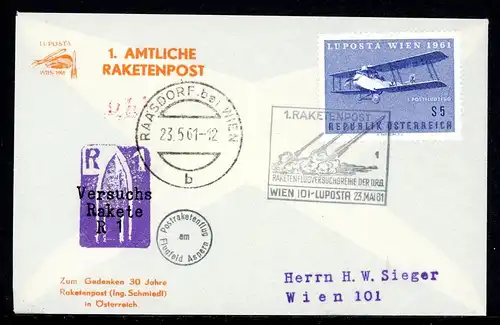 DRG 1. Amtliche Raketenpost Wien Luposta 23. Mai 1961 #HK126