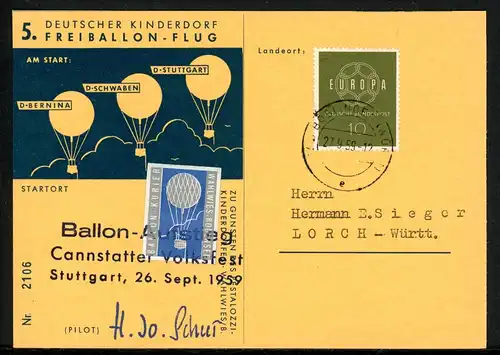 Bund Ballonpost 5. Kinderdorfballonflug 1959 Canstatter Volksfest #HK135