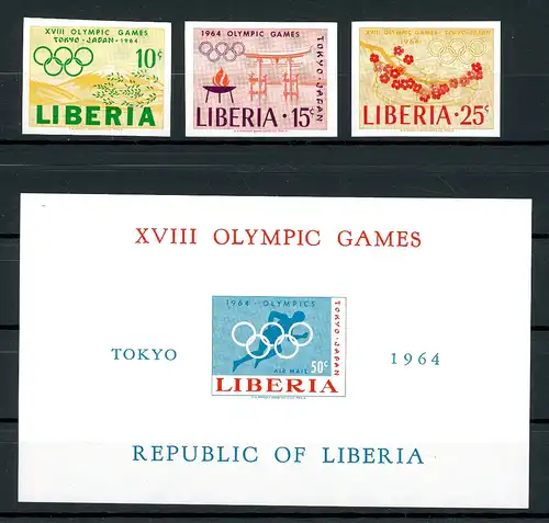 Liberia 623-625 B + Bl. 31 B postfrisch Tokio 1964 #ID152