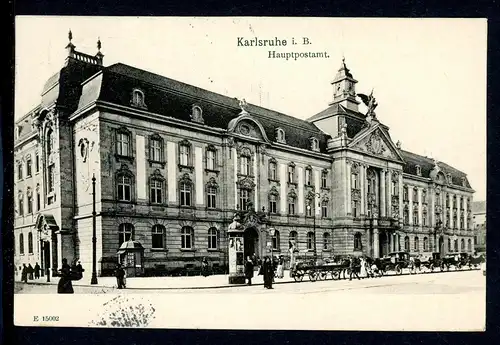 AK Karlsruhe Hauptpostamt mit Pferdedroschken 1907 #HS094