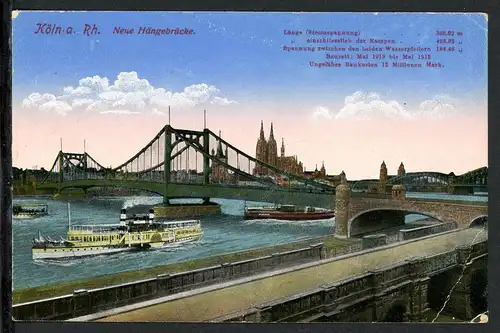 AK Köln Hängebrücke Deutzer Brücke 1915 #HO508