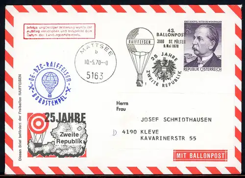 Österreich 43. Ballonpost 10.5.70 DZC Raiffeisen gestempelt #HO551