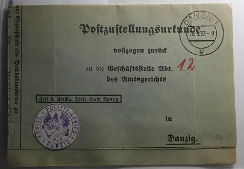 Danzig Postzustellungsurkunde gestempelt an Geschäftsstelle Abt.12 #BA031