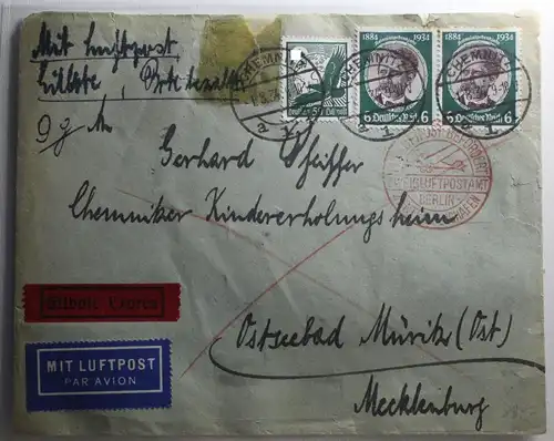 Deutsches Reich 535, 2x 541 auf Brief als Mischfrankatur Müritz Zeppelin #BA208