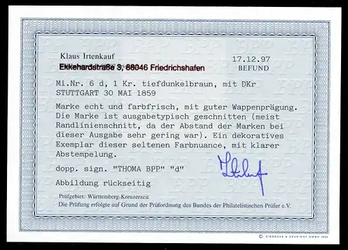 Württemberg 6 d gestempelt Fotobefund Irtenkauf #GJ292