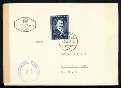 Österreich 934 J, Strauss, Zensurpost Ersttagesbrief/FDC #HU075