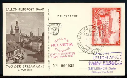 Saarland 349 Ballonfahrt Helvetia Ersttagesbrief/FDC #HO464