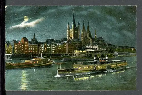 AK Köln bei Nacht Rhein mit Raddampfer, Blick auf Dom + Groß St. Martin #HU213