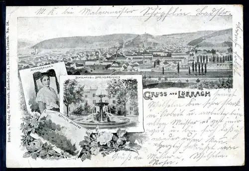 AK Lörrach Röttler Schloss, Schulhaus und Springbrunnen 1899 #HU296