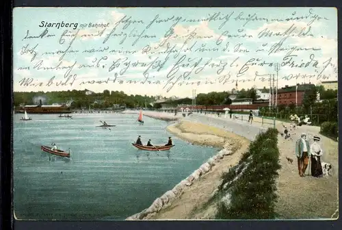 AK Starnberg, Reg.bezirk Oberbayern Seeufer mit Bahnhof, Raddampfer 1905 #HU326