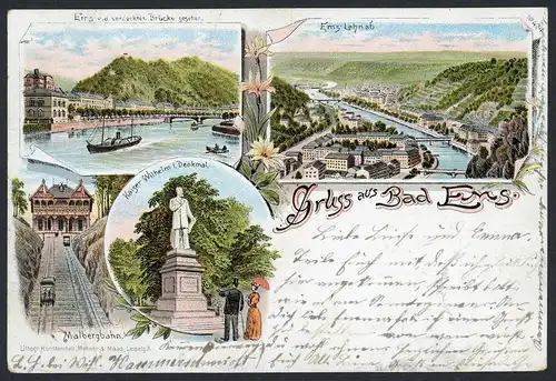 AK Bad Ems Rhein-Lahn-Kreis Malbergbahn, Kaiser Wilhelm Denkmal 1898 #HU358